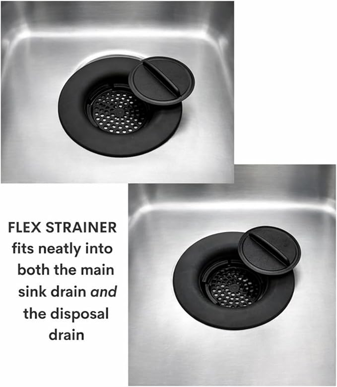 Flex Strainer® Sink Drain Strainer with Optional Stopper – No Center Stem, Fits Standard 3½” Sink Drains & Disposals – Easy Clean, Dishwasher Safe – Made in USA – Black, 2-Pack