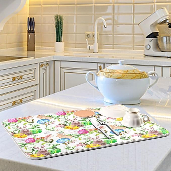 Happy Easter Day Bunny Dish Drying Mat for Kitchen Easter Eggs Peeps Spring Flowers Microfiber Drying Mats Absorbent Reversible Dish Pad Large Dish Draining Mat 18x24 inch