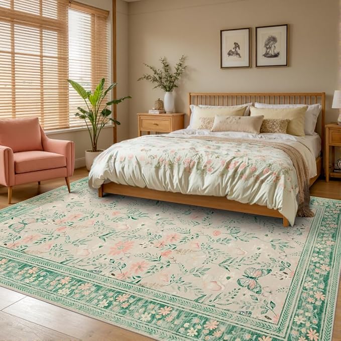 Floral Rug for Living Room Bedroom, 8x10 Washable Rug, Green Vintage Boho Area Rug, Large Non Slip Low Pile Carpet for Indoor Dining Room,Girls Kids Room and Nursery Room(Sage Green 8x10ft)