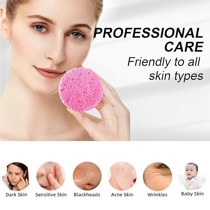 60-Count Compressed Facial Sponges 100% Natural Cellulose Cosmetic Spa Sponges for Daily Facial Cleansing Makeup and Mask Removal Pore Exfoliation (Pink)
