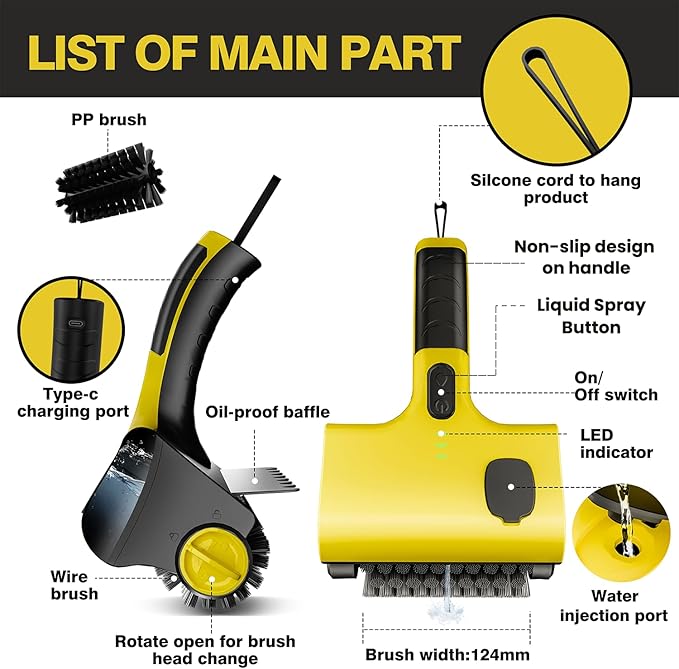 Electric Grill Brush for Outdoor, Cordless Rechargeable Grill Brush with Water & Cleaning Solution Tank, IPX7 Waterproof, 304 Stainless Steel, Automatic Grill Cleaner for BBQ Grates, Gifts for Dad