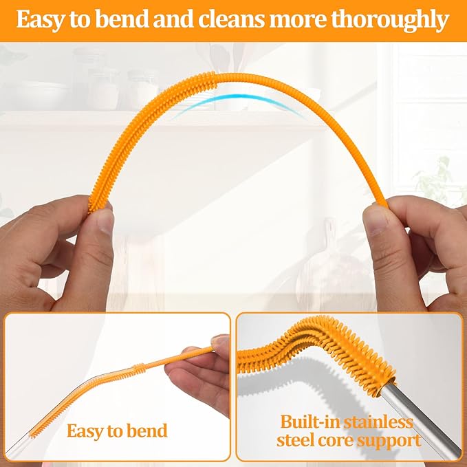 Silicone Straw Cleaner Brush, 2Pcs Straw Cleaner Brush Extra Long, Straw Cleaning Brush, Straw Brush Bristles Cleaner Brush for Cleaning Stanley, Metal Glass Straws, Drink Lid (Orange)