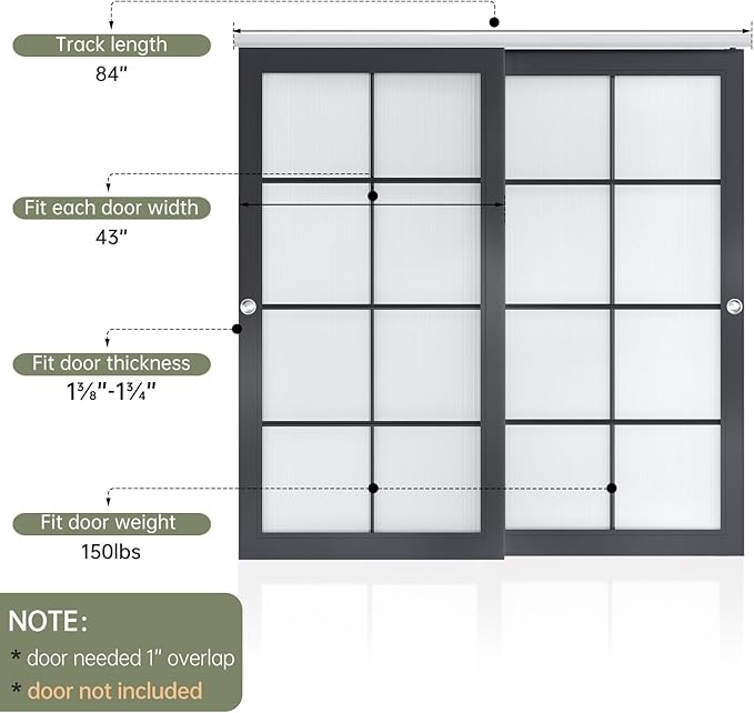 EaseLife 7FT/84in Bypass Double Sliding Pocket Door Hardware Kit,Commercial Grade,Aluminum,Bypassing Closet Door Track for 2 Door System,Slide Smoothly Quietly,Easy Install,No Doors