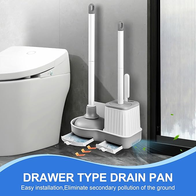 Toilet Brush and Plunger Set, 3 in 1 Toilet Bowl Brush and Holder with Crevice Cleaning Brush Wall Mounted Household Bathroom Cleaning Tools Combo(White-Gray)