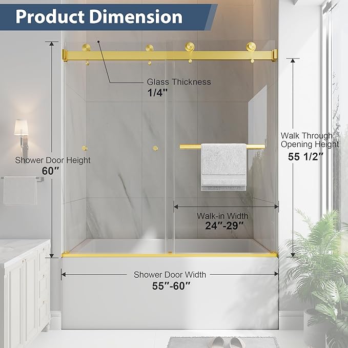 Frameless Bathtub Shower Door, 55-60" W x 60" H Double Sliding Tub Shower Door, 1/4''(6mm) SGCC Tempered Glass with Explosion-Proof Film Nano Coating, Brushed Gold