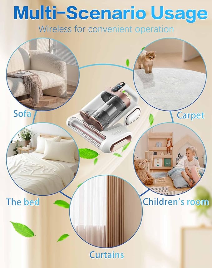 Powerful UV Bed Vacuum Cleaner, Bedroom Guard - Multifunctional Wireless Handheld Mattress Vacuums Cleaners, 13Kpa Heating Cordless Vacuum Cleaner Handheld for Bed, Sofa & Carpet (White)