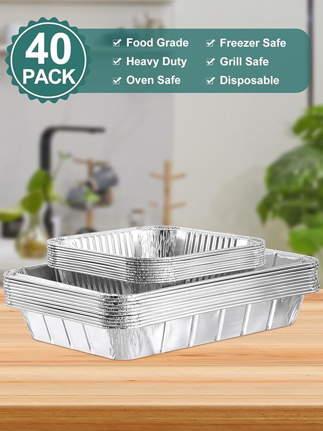 40 Pack Disposable Aluminum Pans Combo Set - 20 Large 9x13 Aluminum Foil Pans Half Size & 20 Small 8x8 Tin Foil Baking Pans, Tin Trays Containers for Meal Prep, Food Cooking, Roasting, Heating
