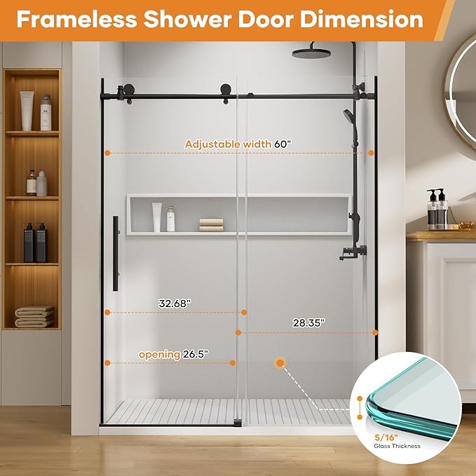 Zenith Shower Door,60 in W x 74 in H Frameless Shower Door with Handle and Seal Strip for Waterproof, 8mm Thickness Glass with Anti Explosion Film and SGCC Certificate Black