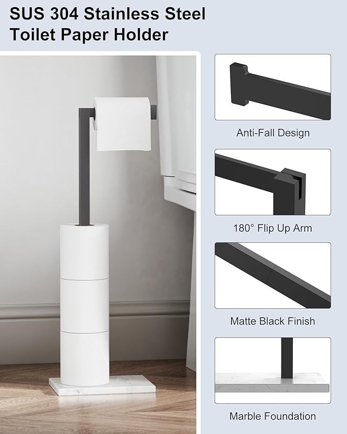 Free Standing Toilet Paper Holder Stand Matte Black SUS 304 Stainless Steel Rustproof 22 Inch Rotating Bathroom Tissue Roll Holder for 4 Rolls with Marble Base