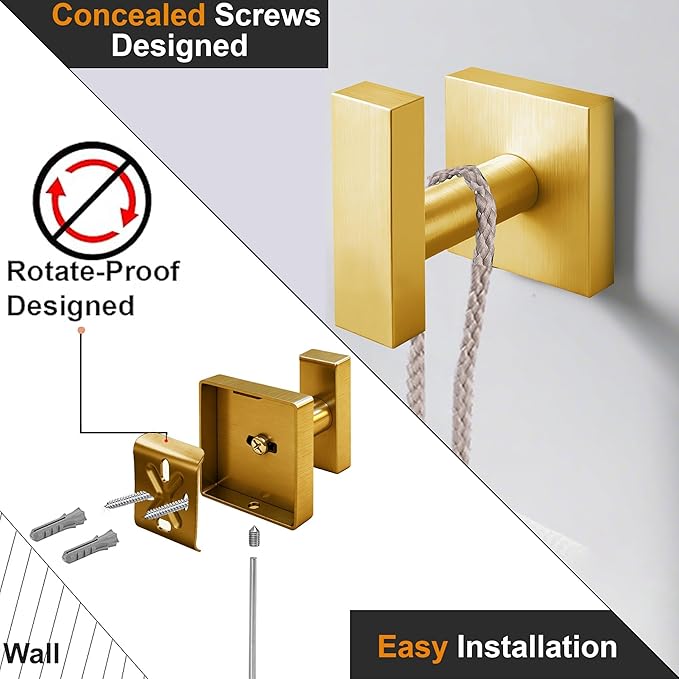 Towel Hooks for Bathrooms, Brushed Gold Towel Hook for Kitchen Bathroom, SUS304 Stainless Steel Coat Hook, Square Heavy Duty Holder Robe Hooks for Hanging Towels, Coats, sponges, Wall Mount, 2 Pack