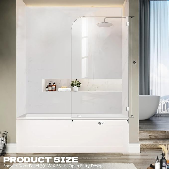 Bathtub Shower Door, 30" W X 58" H Fixed Tub Glass Panel with Clamps, 1/4"(6mm) Clear Tempered Frameless Shower Glass Door, Tub Shower Doors in Polished Chrome Finish