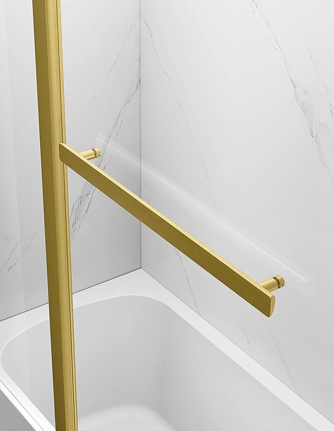 Sunrosa Pivot Tub Shower Door - 48"58", Frameless Glass with Towel Bar, Bifold Bathtub Shower Door in Brushed Gold