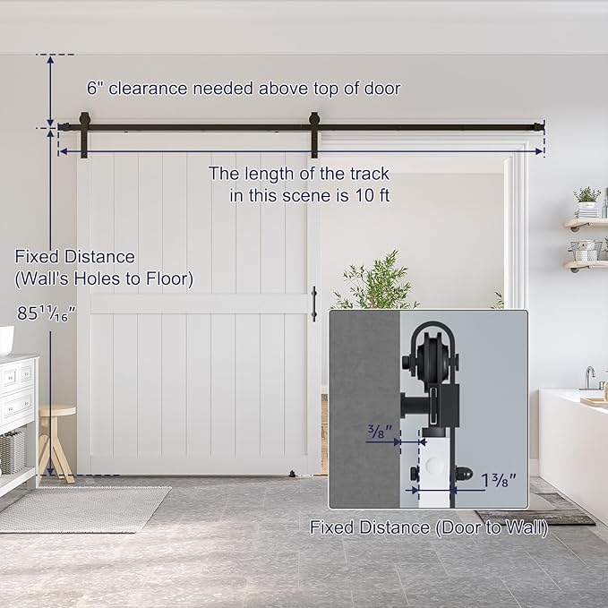 SmartStandard 60 x 84 inch White Sliding MDF Barn Door with 10FT Black Sliding Door Hardware Kit & Handle, Pre-Drilled Ready to Assemble, Waterproof PVC Coating, H-Frame