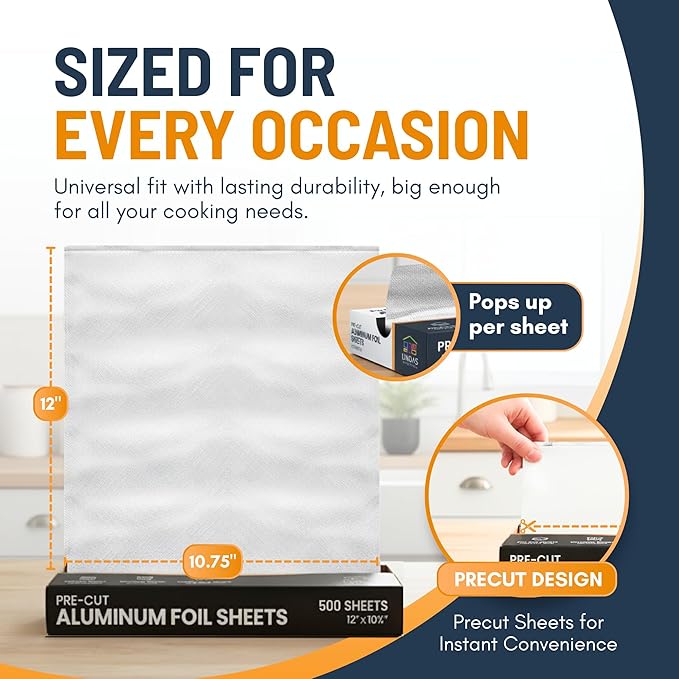 Pre-Cut Aluminum Foil Sheets 500 Count - Foil Sheets For Food, 12” x 10.75”, Easy Dispense Packaging, Premium Pop Up Aluminum Sheet, Tin Foils Sheet for Cooking, Grilling & Storage