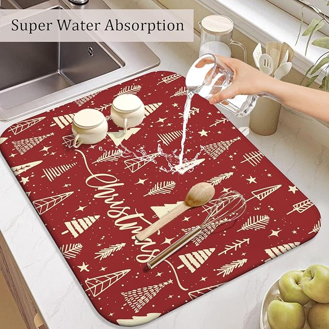 Christmas Kitchen Countertop Dish Drying Mat, Red Christmas Tree Snowflake Pattern Microfiber Kitchen Drying Mat, Washable Absorbent Countertop Xmas Winter Holiday Dish Mat Drainer,18x24Inch