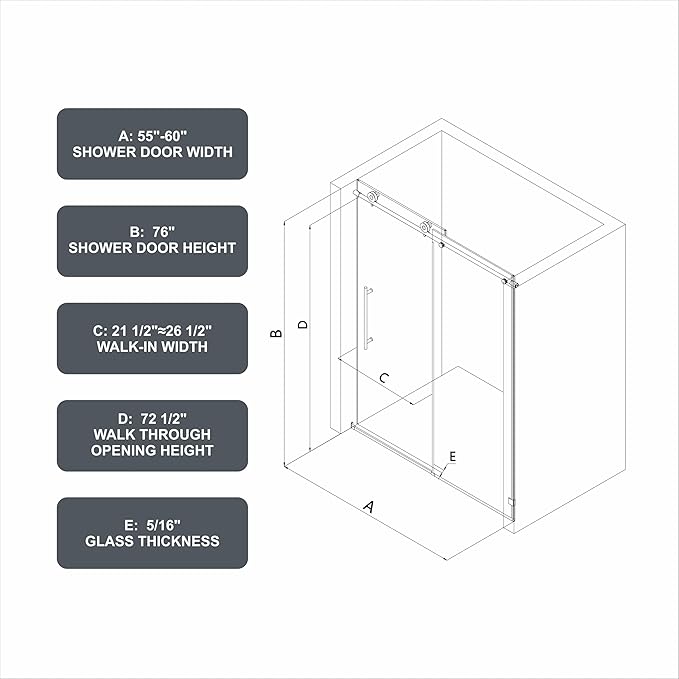 Favfurish 55"-60" W x 76" H Single Sliding Shower Door with Adjustable Soft Closing Design, Frameless Glass Shower Door with 5/16‘’(8mm) SGCC Tempered Clear Glass, Easy to Install, Brushed Nickel