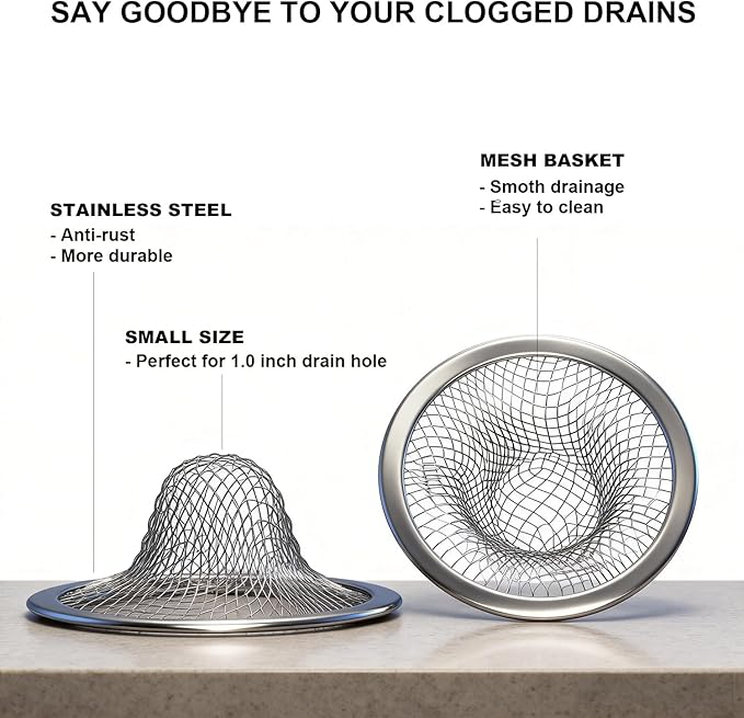 2.215" Top Diameter, 1.0" Basket Small Bathroom Sink Strainer, Little Drain Mesh, Utility, Slop, Laundry, RV and Lavatory Sink Drain Strainer Hair Catcher. Stainless Steel.