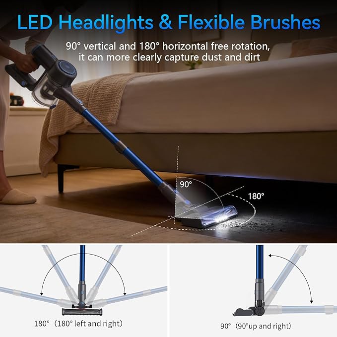 BlueEpic Cordless Vacuum Cleaner, 45KPA 45Mins Rechargeable Vacuum Cordless, Stick Vacuum with 2 Adjustable Modes, Handheld Vacuum for Home/Pet Hair/Carpet/Floor