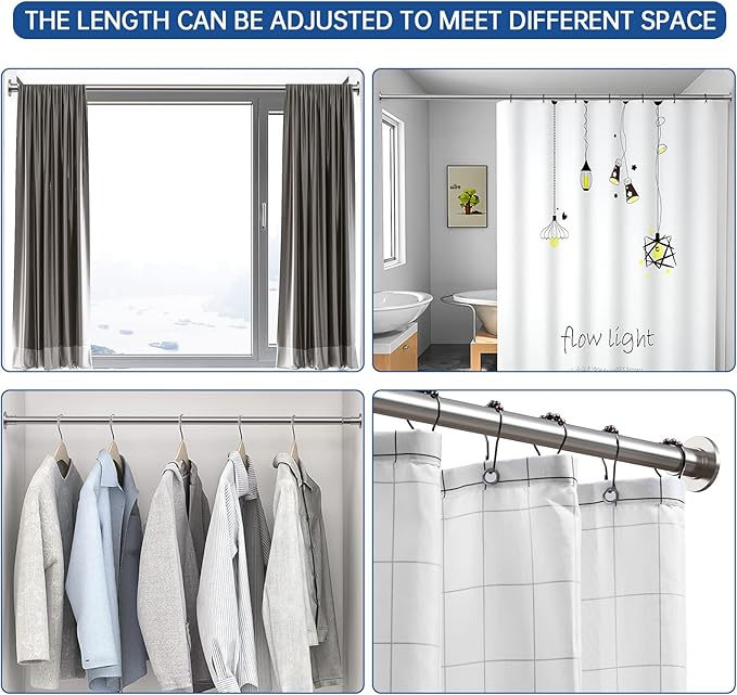 BRIOFOX Industrial Shower Curtain Rod - Rustproof Non-Slip Long Tension Shower Rod 54-90 Inch 304 Stainless Steel Tension Curtain Rod, Brushed Nickel