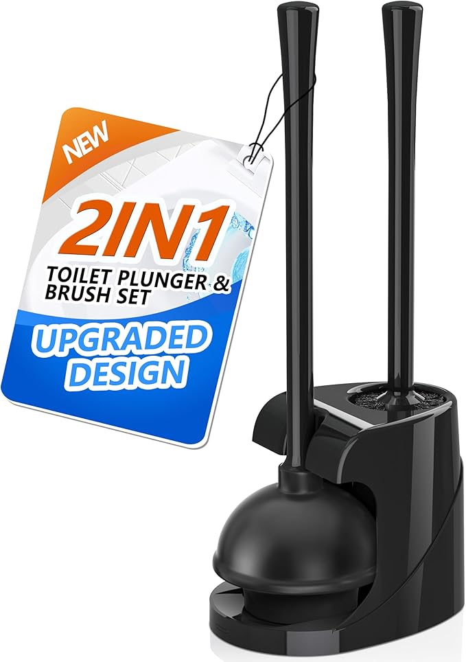 Toilet Plunger and Brush with Holder, Bowl Brush and Heavy Duty Toilet Plunger Set for 5.7-inch Toilet Drain, 2-in-1 Bathroom Cleaning Combo with Modern Caddy Stand (Black)
