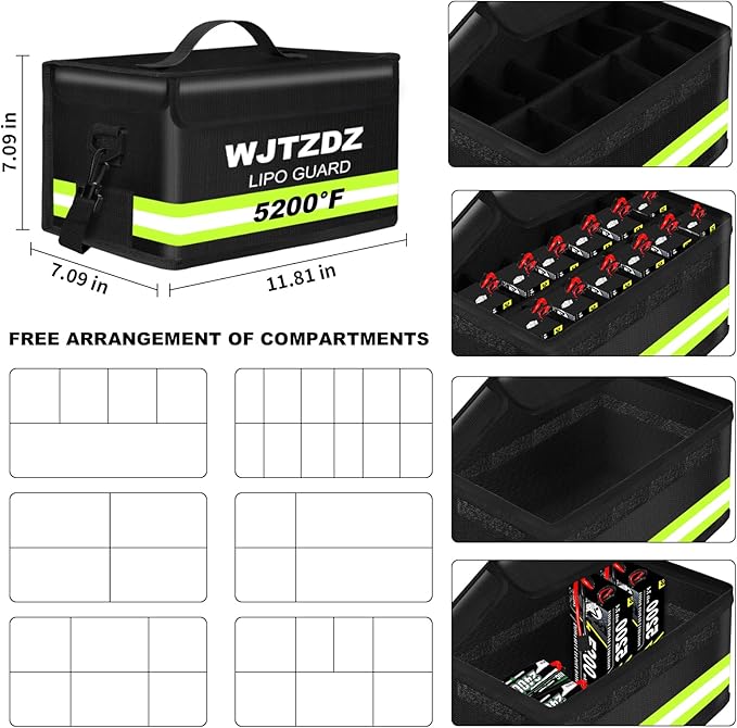 Lipo Fireproof Explosionproof Safe Bag-Large Capacity Storage Guard Pouch for Charging with Waterproof Zipper/Reflective Strip/Handle/Shoulder Strap-12 Cell Adjustable (12.6x6.7x6.7in)