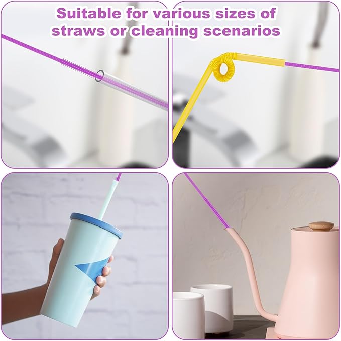 3pcs Silicone Straw Cleaner Brush Set, Reusable Extra Long Drinking Straw Cleaning Accessories Brush with 3mm 6mm 9mm Multi-Size Cleaning Tools for Stanley (Purple)