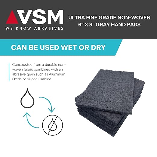 VSM 10-Pack: 6" x 9", Gray - Ultra Fine, Non-Woven Hand Pad, Silicon Carbide Grains, Rust and Oxidation Resistant, Multipurpose Abrasive Scrub Pad for Finishing and Cleaning