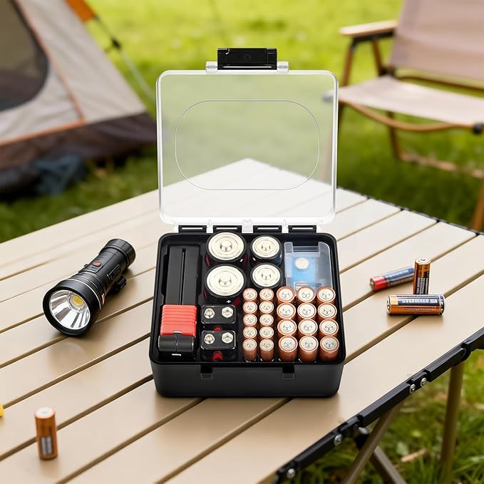 FULLCASE Plastic Battery Organizer with Tester, Battery Storage Case for AA AAA C D 9V Batteries, Portable Battery Holder Box for Home, Travel & Emergency Kits(Case Only) Black