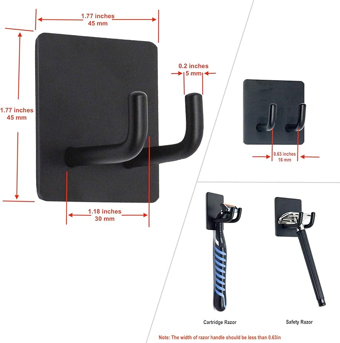Shower Hooks, Adhesive Wall Hooks for Hanging Keys, Hats, Sticky Bathroom Hooks, Black Towel Hooks, 4 Pack