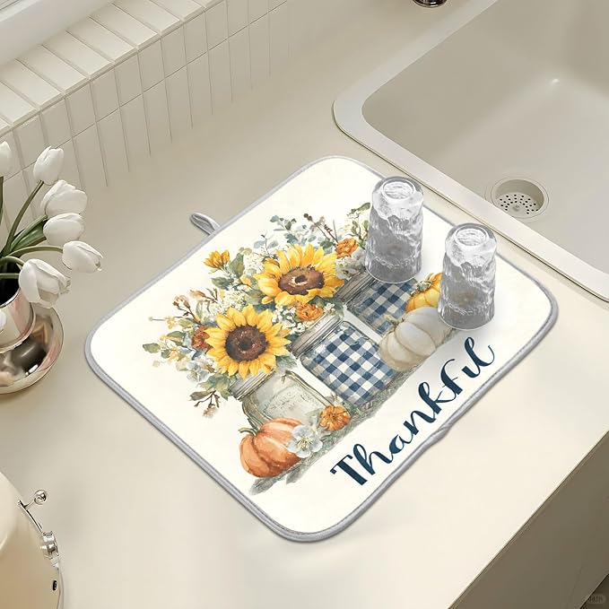 Autumn Pumpkin and Sunflower Floral Vase Dish Drying Mat for Kitchen Counter Absorbent Microfiber Small Drying Pad Dish mats for Kitchen Countertops 16 x 18 Inch