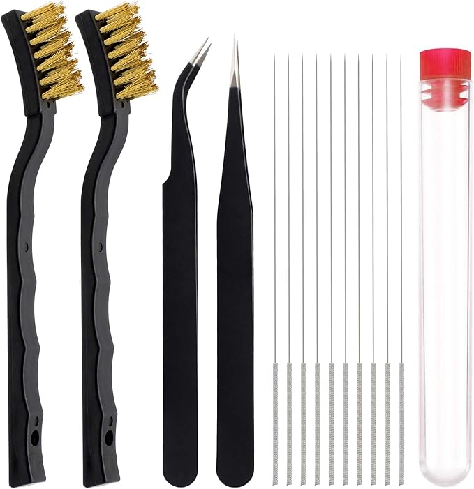 3D Printer Nozzle Cleaning Kit with Brush - 10 Pieces 0.4 mm Cleaning Needles, 2 Types Sophisticated Tweezers and 2 Pieces Cooper and Stainless Wire Cleaning Brushes