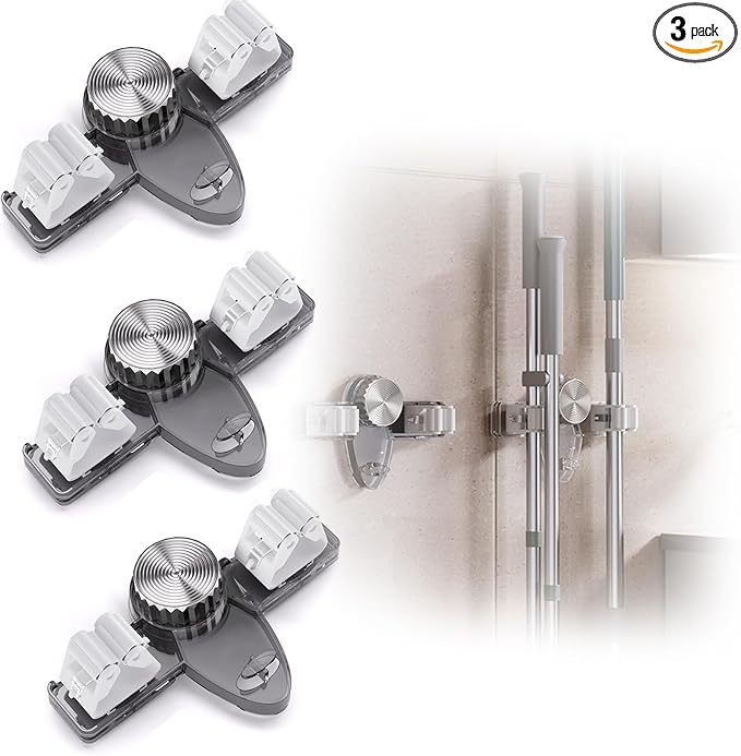 3 Pcs Wall Mounted Broom and Mop Holder Powerful Suction Cups Heavy Duty Garden Tool Organizer Rack for Garage,Self Adhesive Hanger, Spring Laundry Room Cleaning Organization