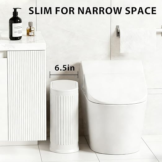 1.8 Gallon Bathroom Trash Can with Lid Press-Top, Small White Stainless Steel Garbage Can with Removable Inner Bucket, Slim Fit Narrow Spaces for Bedroom Office