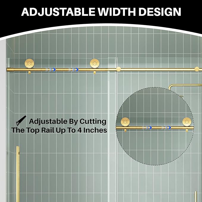WinZo Frameless Shower Door 56-60 in W x 75 in H, Sliding Shower Door with 5/16"(8mm) Clear Tempered Glass Shower Doors, Easy to Clean Bathroom, Silent Soft-Close Design, Brushed Gold