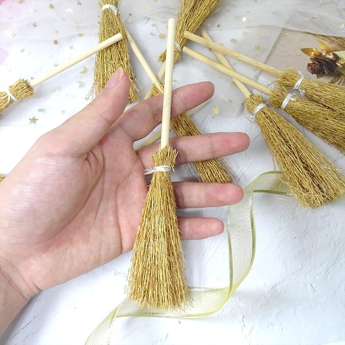 Honbay 10PCS Miniature Artificial Mini Straw Brooms with Red Ropes Halloween Straw Craft Decoration Witches Accessory for Costume Cosplay Party (6.89")