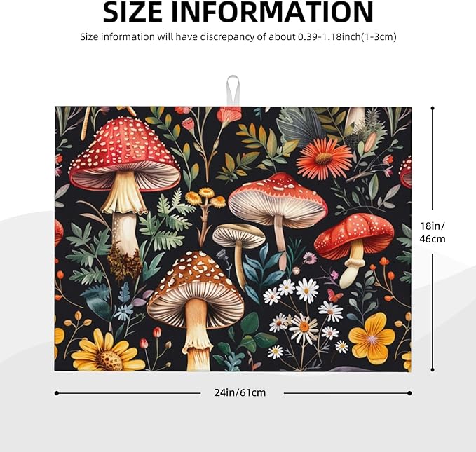 Forest Floral Mushroom Dish Drying Mat For Kitchen Counter Absorbent Large Kitchen Fast Dry Pad Reusable Washable Protector Rack Large Mat 18 X 24