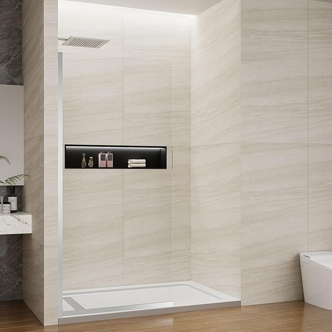 Shower Screen 36" x 76" Half Frameless Shower Wall Panel, Tempered Glass 3/8 inch, Easy to clean Coating, Fixed Glass Shower Door with Hardware (Brushed)