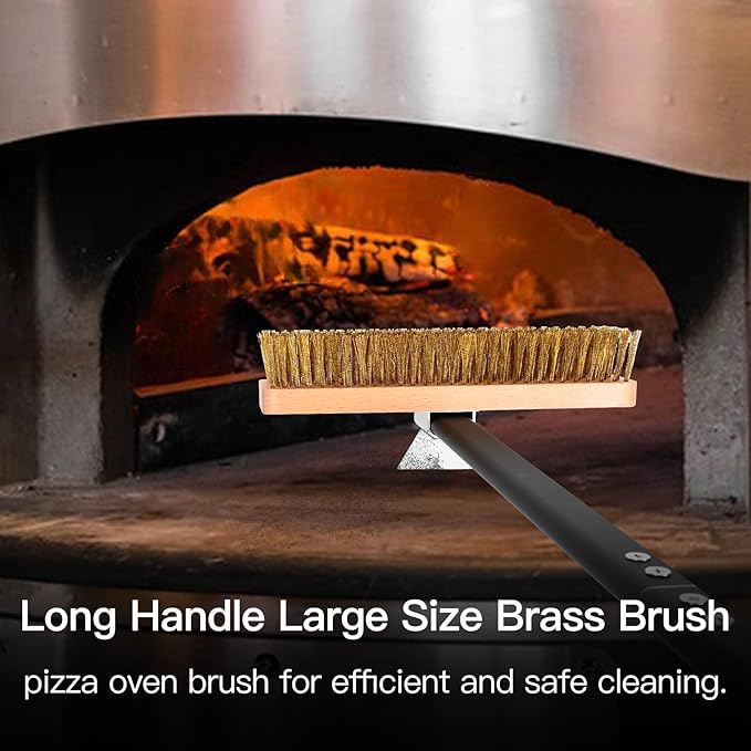Large Pizza Oven Brush with Scraper, 10.7" Length Brass Bristles Grill Brush with 37 or 52.8 Inch Long Handle, Backyard Pizza Oven Accessories