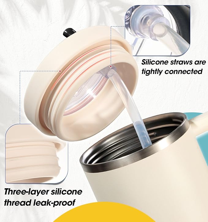 30oz Flip Straw Leak Proof Lid for Stanley Quencher,30 oz Tumbler Lid Replacement for Stanley Cup Accessories,No Spill Silicone Tumbler Lids with Cleaning Brush Set (Cream)