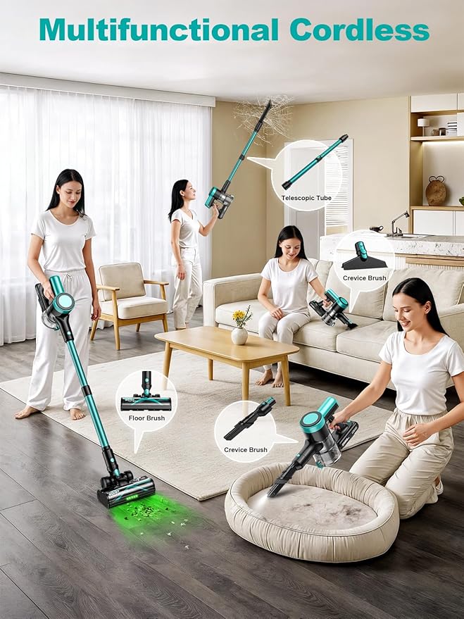 Cordless Vacuum Cleaner, 58Kpa Vacuum Cleaners for Home, 55Mins Stick Vacuum with Self-Standing & LED Display, Anti-Tangle & Wall Mount Charging (Cyan)