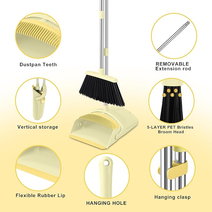Broom with Dustpan Combo Set, 54-in Adjustable Handles Broom and Dustpan Set with Comb Teeth Easy to Scrape Off Pet Hair, Indoor&Outdoor Sweeping