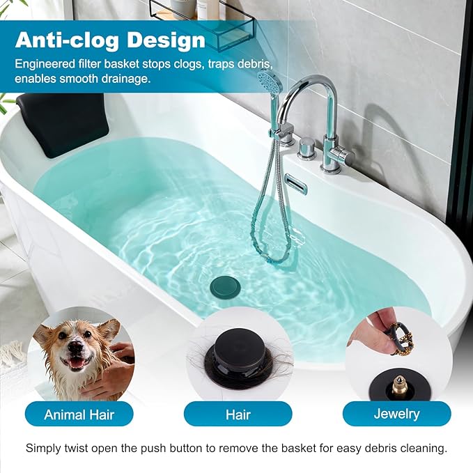 Hibbent 2 Pack 3 in 1 Metal Bathtub Drain Stopper, Universal Pop Up Tub Stopper with Removable Filter Basket, Bathtub Hair Catcher for 1.5''~2.4'' Drain, Brass Bullet Core, Oil-Rubbed Bronze