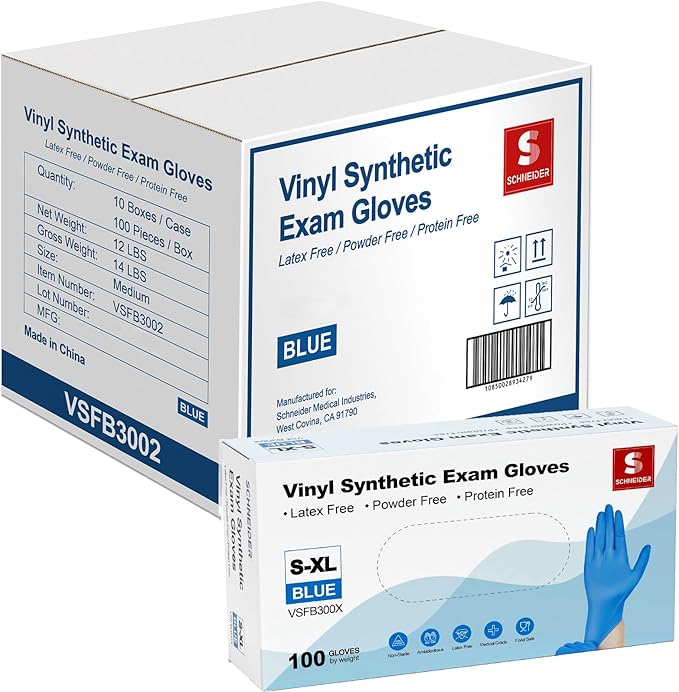 Schneider Vinyl Synthetic Exam Gloves, 4 Mil, Latex Free Disposable Gloves for Medical, Cooking, Cleaning, and Food Prep,1000