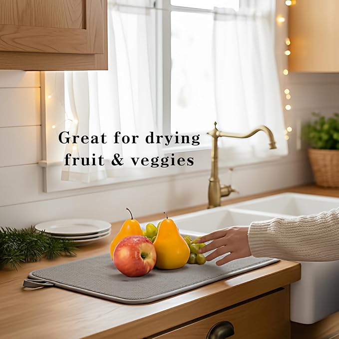 Dish Drying Mat 2 Pack, Dish Drying Mats for Kitchen Counter, Absorbent Dish Drainer Mat Kitchen Drying Pad - Microfiber, Grey, 11.8 by 15.7 Inch