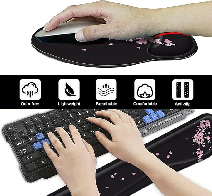 Wrist Rests for Keyboard and Mouse Support Gel Pad + Screen Cleaning Pad + Coaster, Cloth Wipes for Laptop/Computer Screen, Ergonomic Memory Foam Mousepad for Gaming/Work, Cherry Blossoms