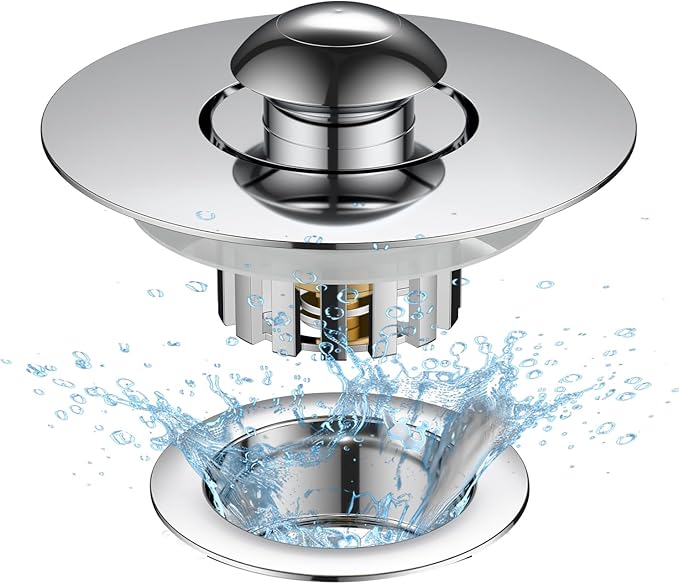 Universal Tub Stopper for Bathroom Sink & Bathtub Drain, 2-in-1 Pop Up Drain Stopper with Hair Catcher, Brass Anti-Clog Bathroom Sink Drain Strainer, Easy to Clean, Fits 1.5" to 1.8" Drain Holes
