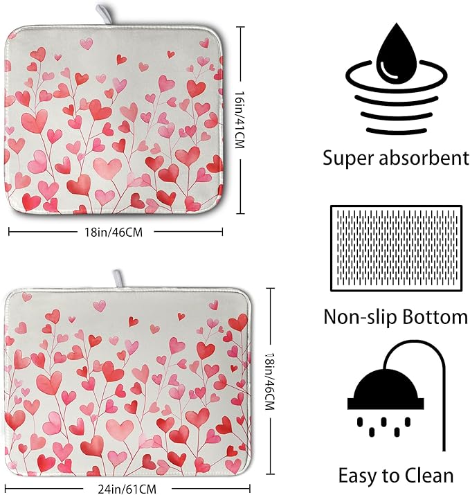 Valentines Pink Love Heart Dish Drying Mat Valentine Day Absorbent Microfiber Dish Drying Pad Heat Resistant Kitchen Counter Draining Mat Extra Large Dish Drainer Rack Mats 16x18 Inch