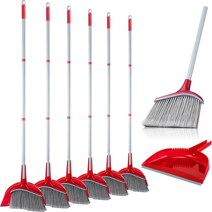 Meanplan 6 Pcs Angle Broom and Dustpan Combo Set for School Classroom 54 Inch Outdoor Indoor Cleaning Broom Commercial Broom with Step-on Dustpan for Home Kitchen Office Floor Dirt Dust Hair Cleaning