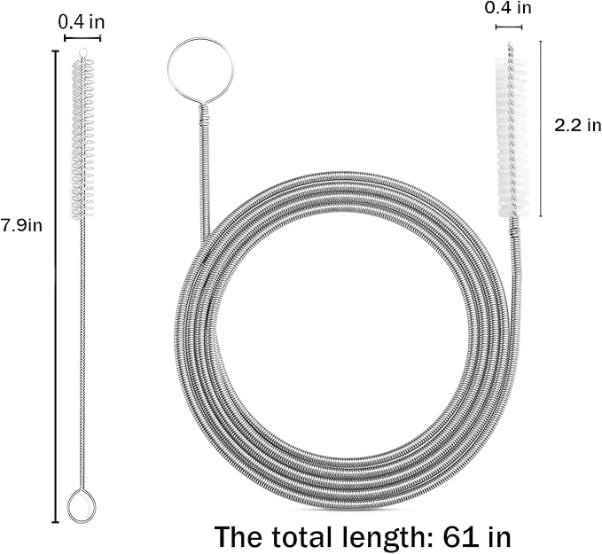 61 Inch Long Drain Brush Hose Flexible Feeding Tube and Pipe Cleaning Brush with 2 PCS 7.9 Inch Straw Brush