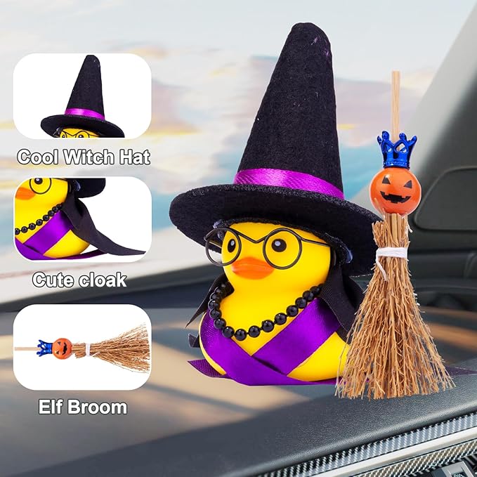 Halloween Duck Car Ornament, Rubber Duck Car Dashboard Decor with Mini Witch Hat Sash Glasses Cloak Mini Broom